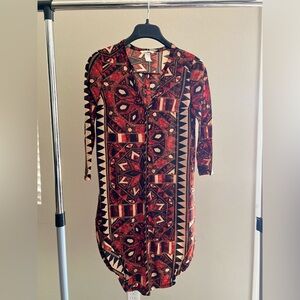H&M Red and Black Geometric Button Up Dress